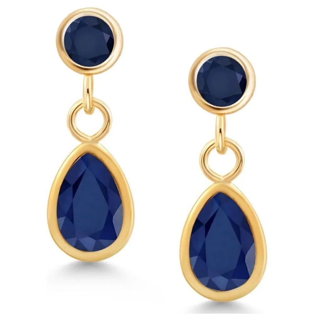 14K Yellow Gold with 1.30 Cttw Navy Blue Sapphire Dangling Post Back Earrings